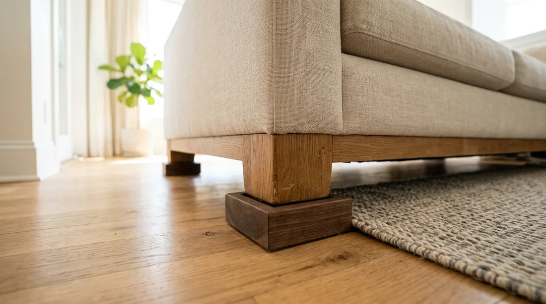 Breiter Sofafuß aus Holz steht auf einer flachen Möbelerhöhung, daneben der Rand eines Teppichs