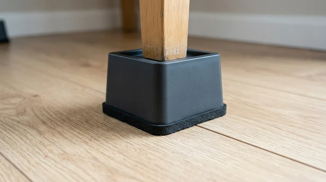 Möbelerhöhung mit gummierter Unterseite steht auf hellem Laminatboden, daneben eine Bodenfuge