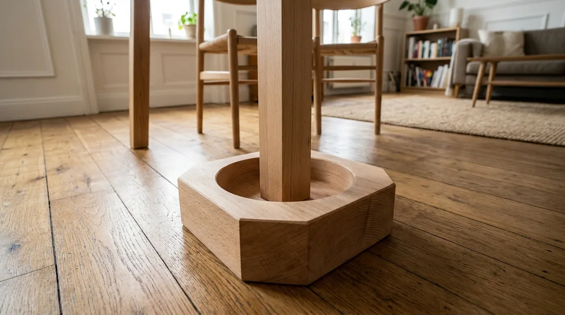 Tischbein eines hellen Holztisches steht mittig in der runden Vertiefung eines hellen Holzklotzes